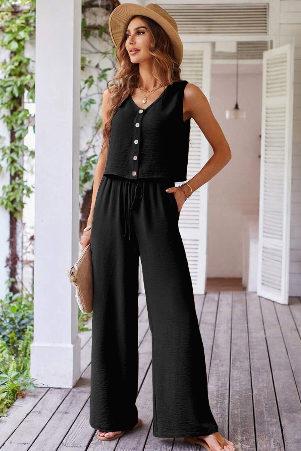 Black Buttoned Vest Drawstring Wide Leg Trousers Co-ord Set eAura