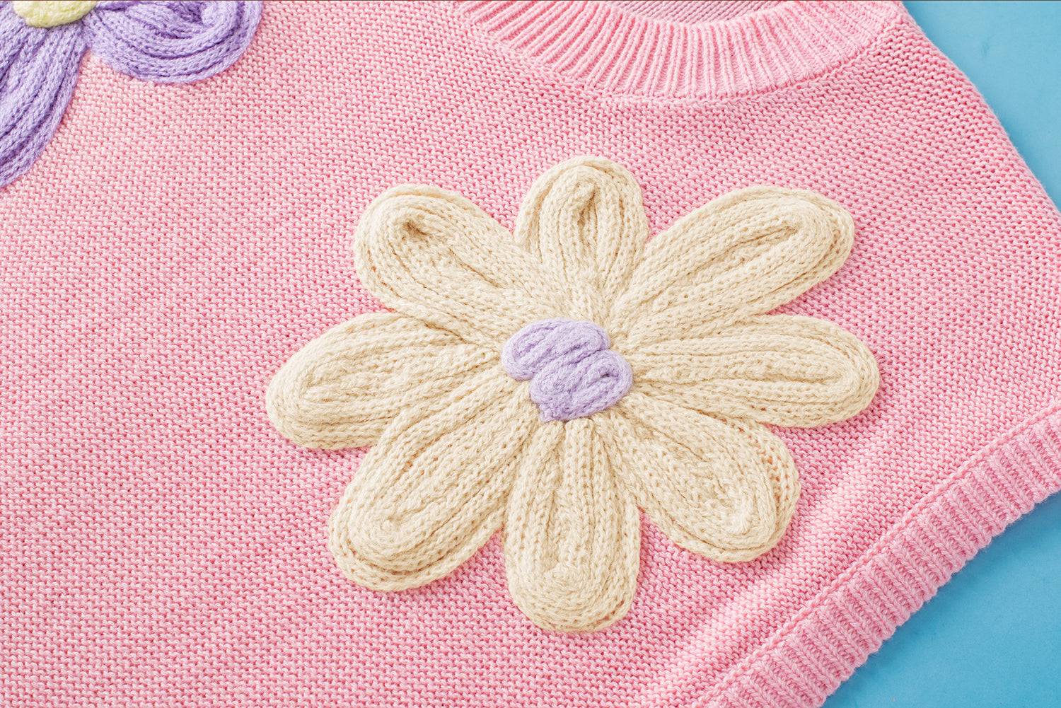Pink Multi Crochet Flower Knit Short Sleeve Sweater Top eAura
