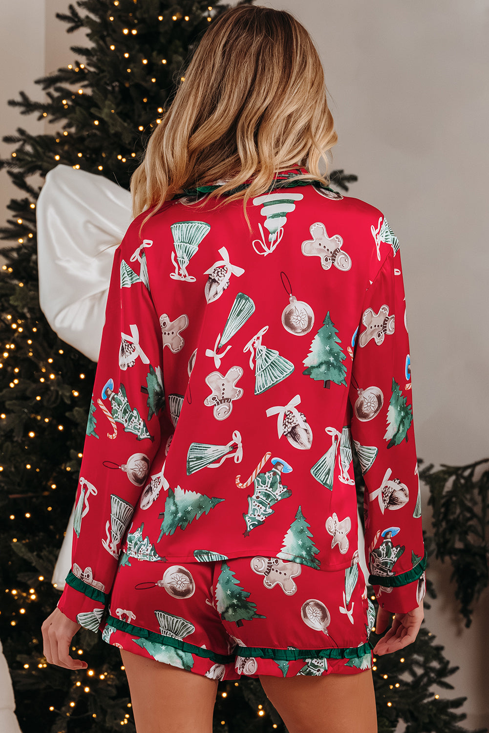 Red Christmas Contrast Ruffle Trim Ribbon Bow Knot Pyjamas - eAura