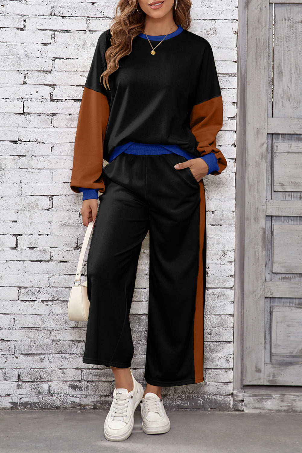Chestnut 2pcs Color Block Pullover Loose Pant Set Dear-Lover Dropshipping