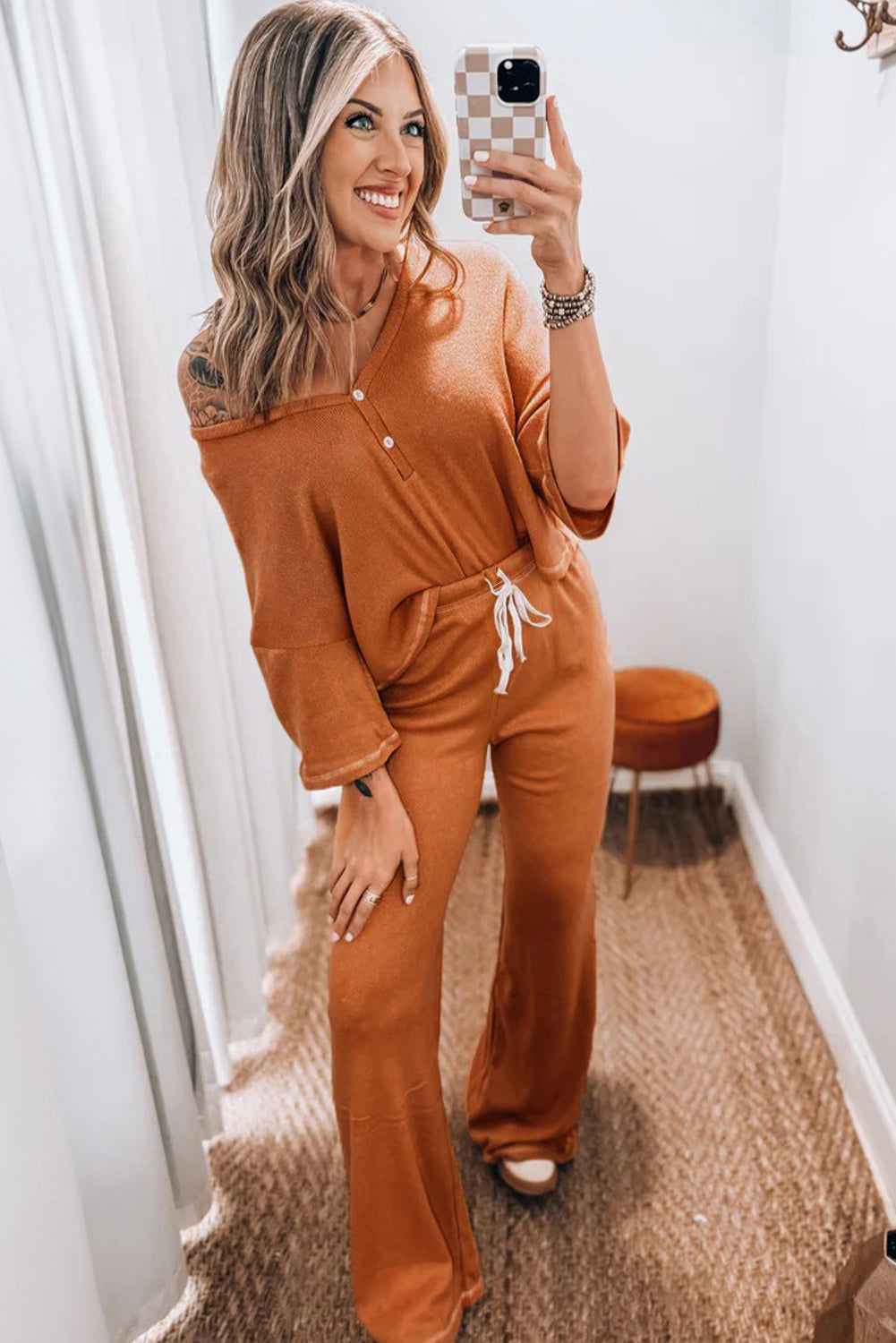 Contrast Stitching Buttoned V-Neck Half Sleeve Top and Drawstring Flare Trousers Co-ord Set eAura
