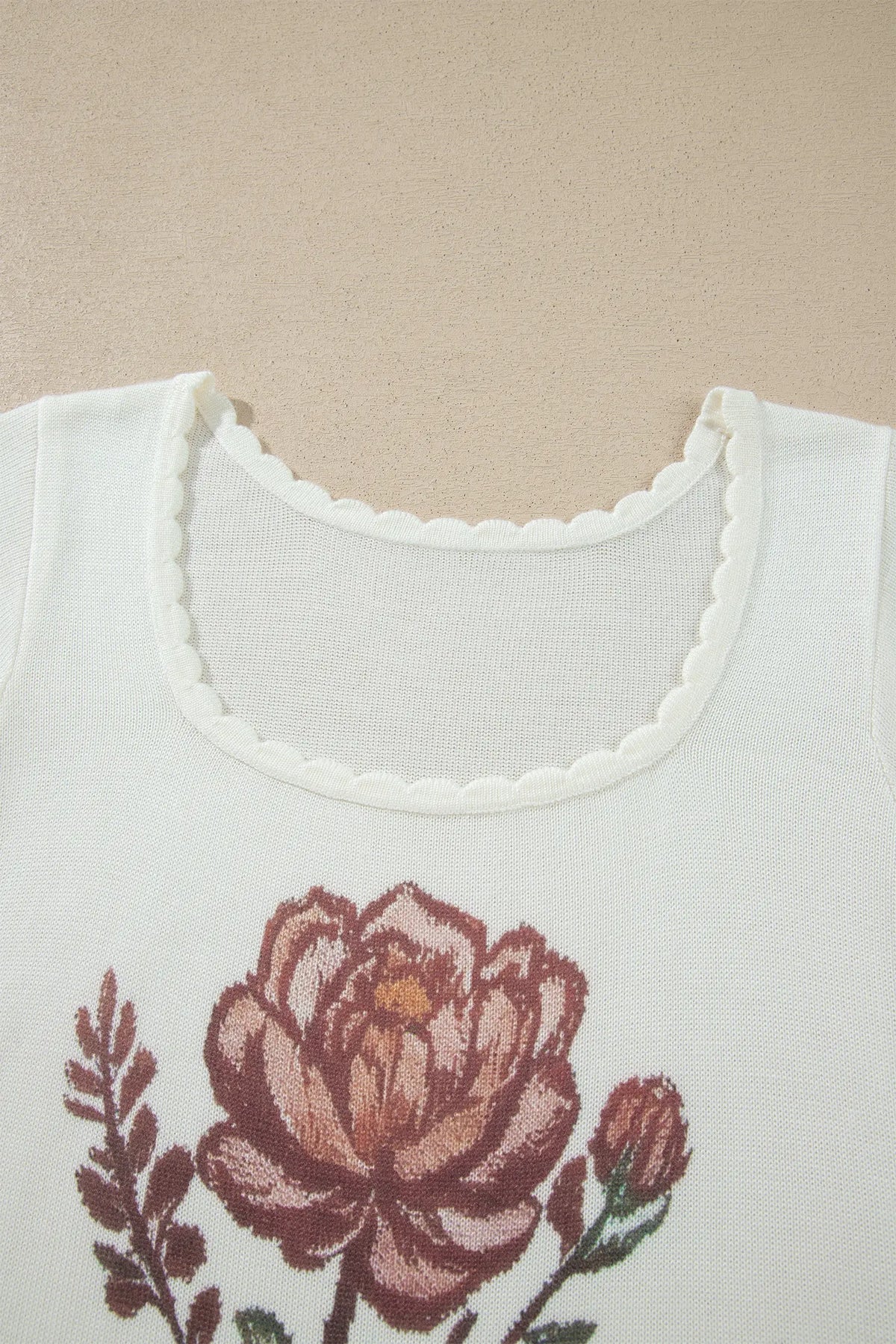 Western Floral Print Short Sleeve Square Collar Knit Sweater – White