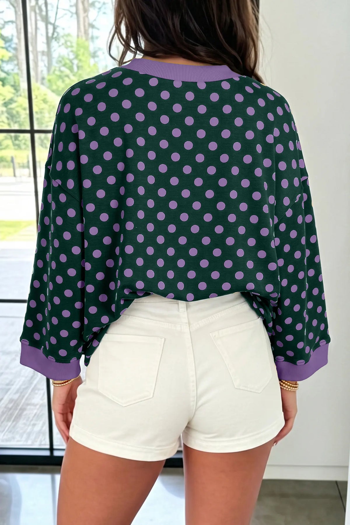 Round Neck Bracelet Sleeve Top - Polka Dot Print