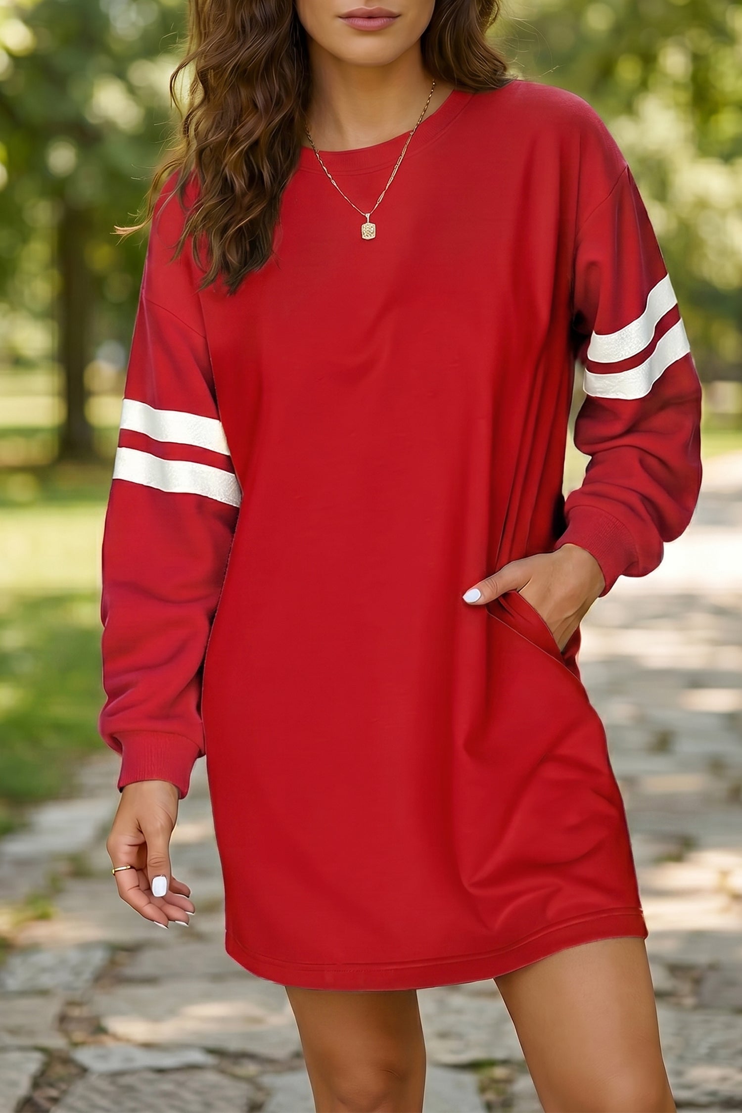 Varsity Contrast Banded Sleeve Shift Sweatshirt Dress
