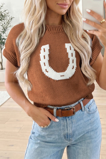 Chestnut Western Horseshoe Pattern Short Sleeve Knit Sweater – Brown