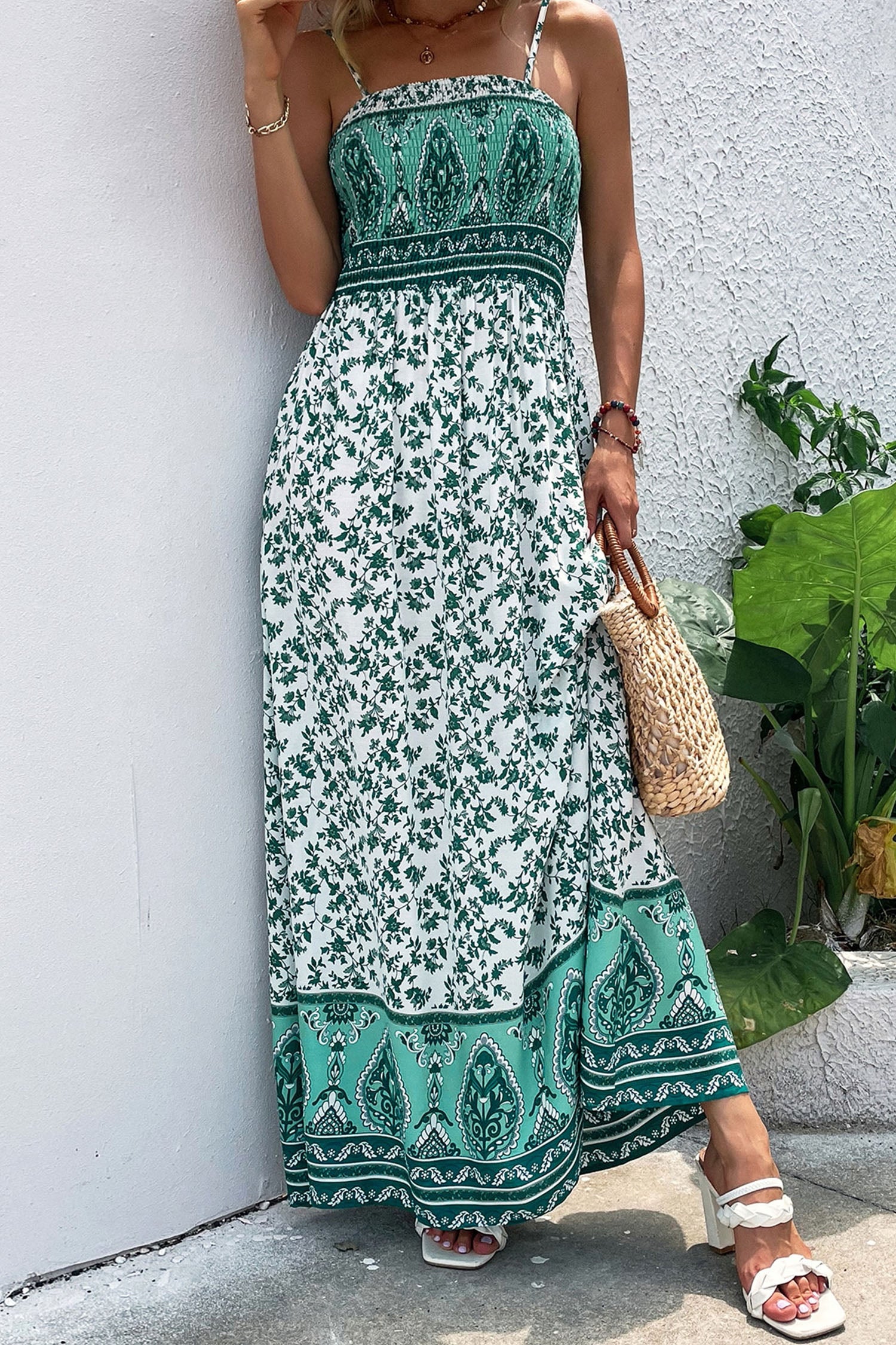 Green Boho Floral Print Shirred Cami Maxi Dress