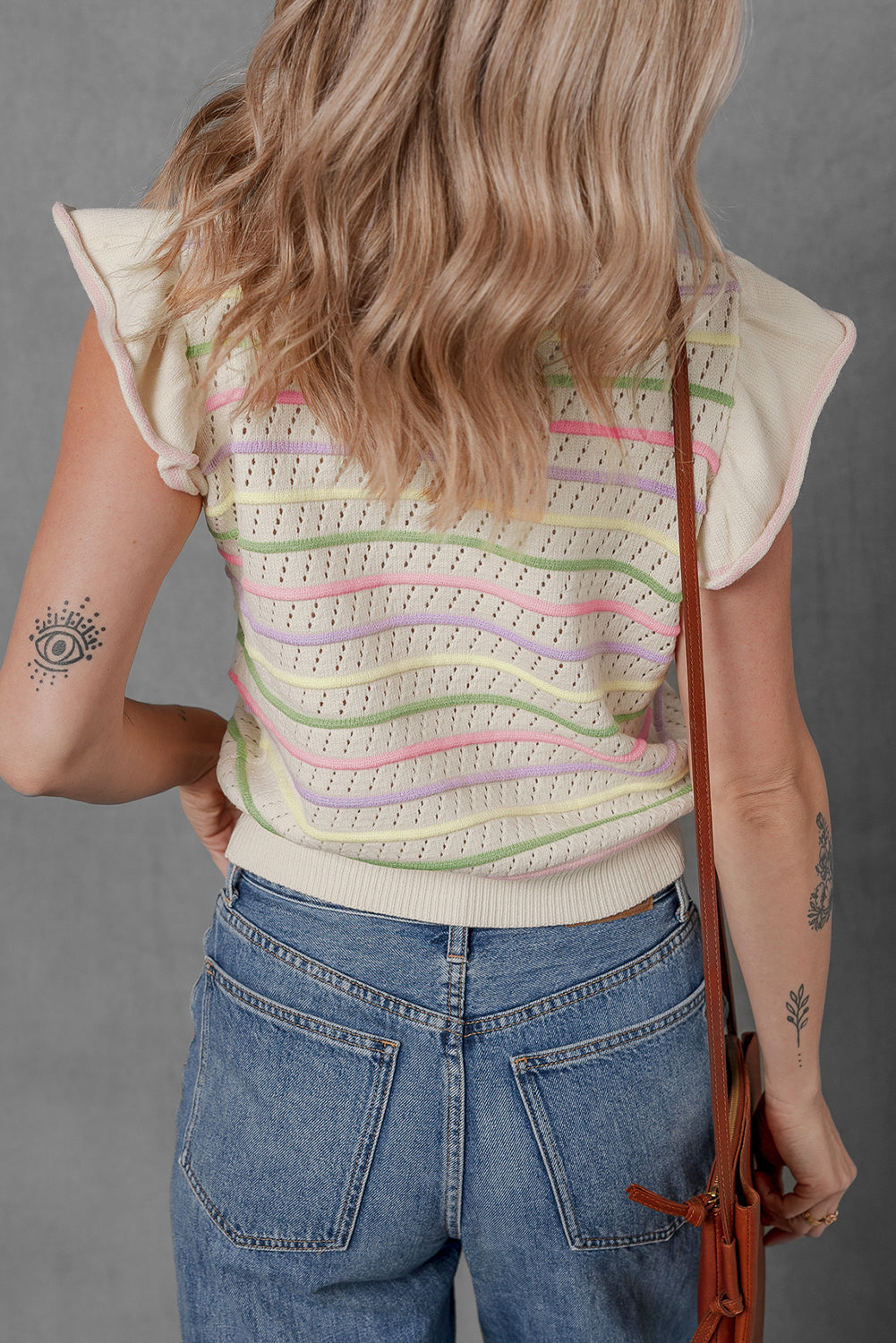 Oatmeal Colourful Striped Eyelet Knit Ruffled Sleeve Sweater T Shirt eAura