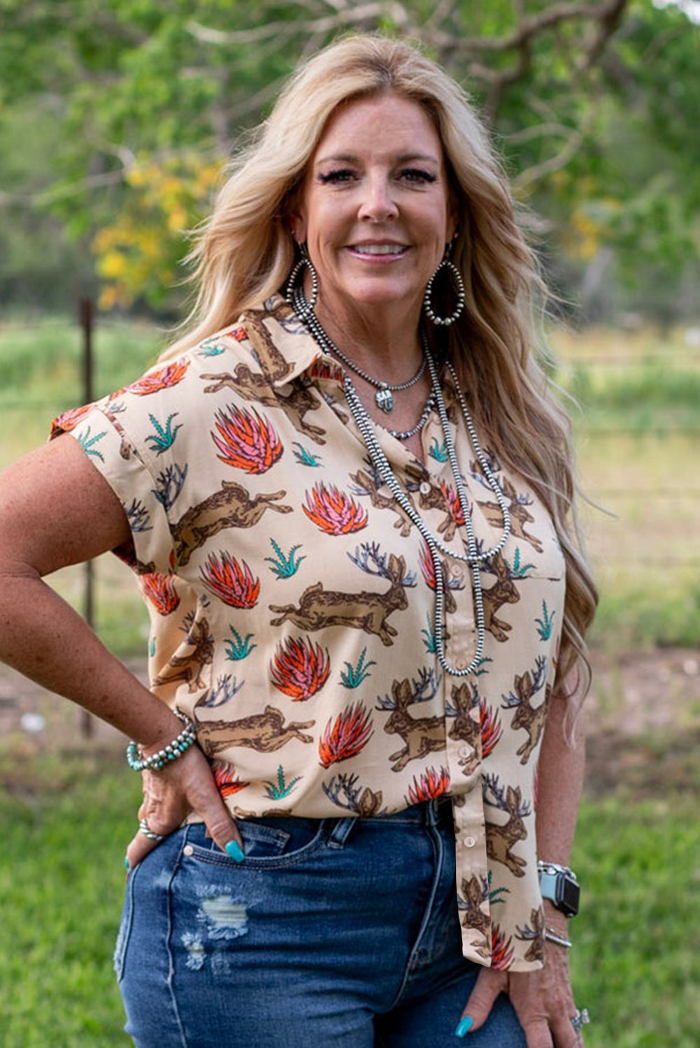 Khaki Plus Size Western Pattern Print Buttoned Short Sleeve Shirt BB Fashion Outlet