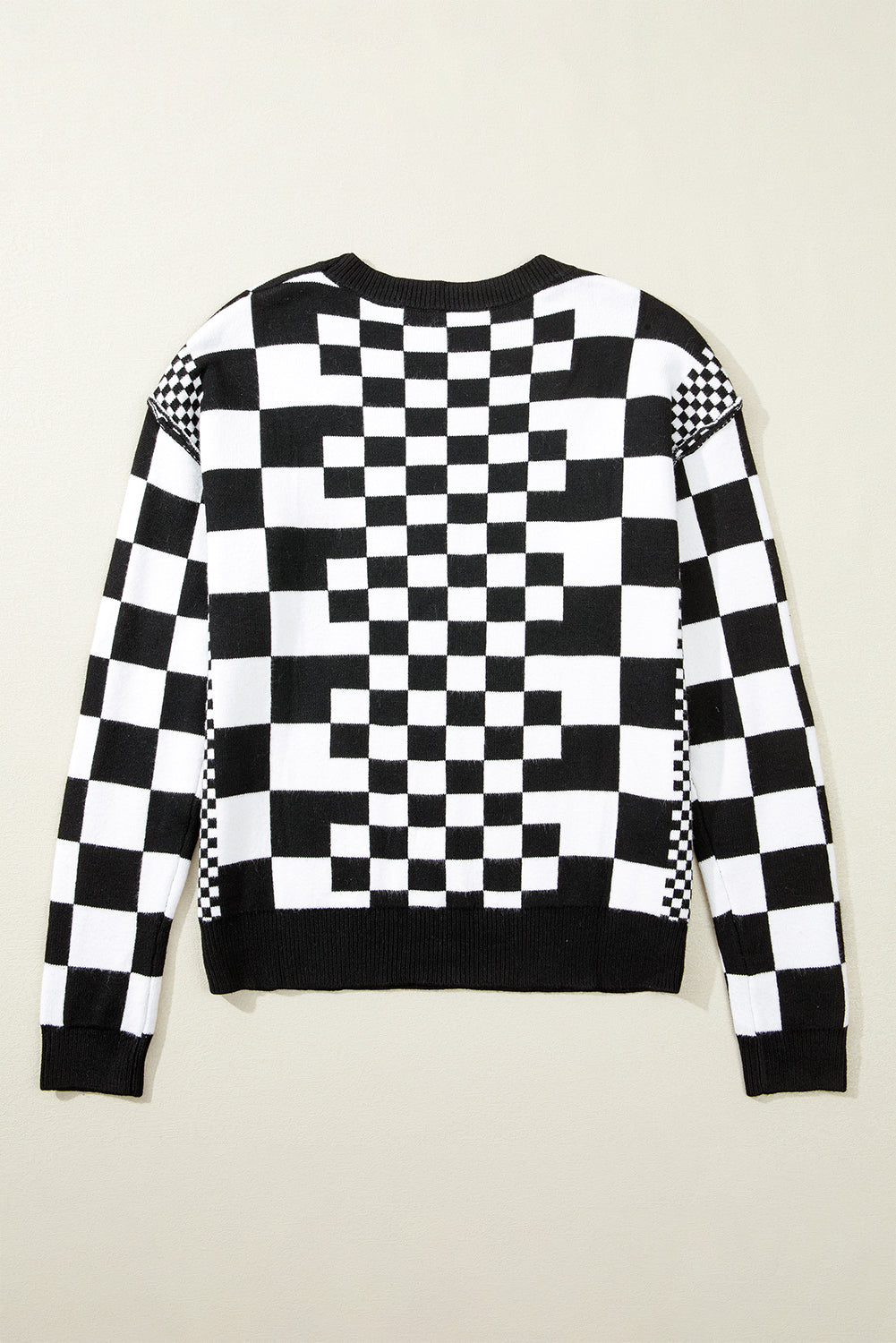 Khaki Checkered Print Drop Shoulder Round Neck Sweater eAura