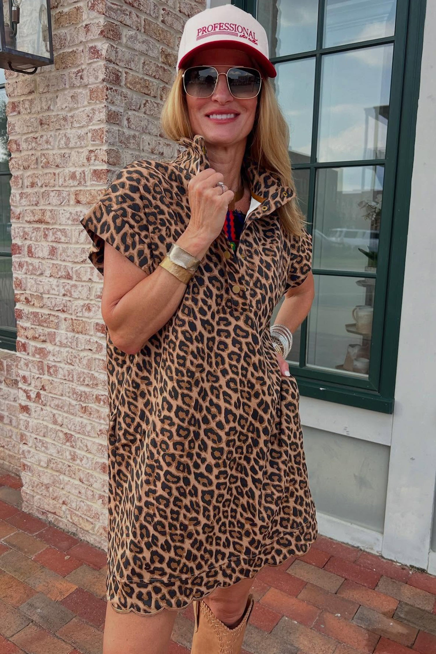 Buttoned Collar Short Sleeve Leopard Shift Dress with Pockets