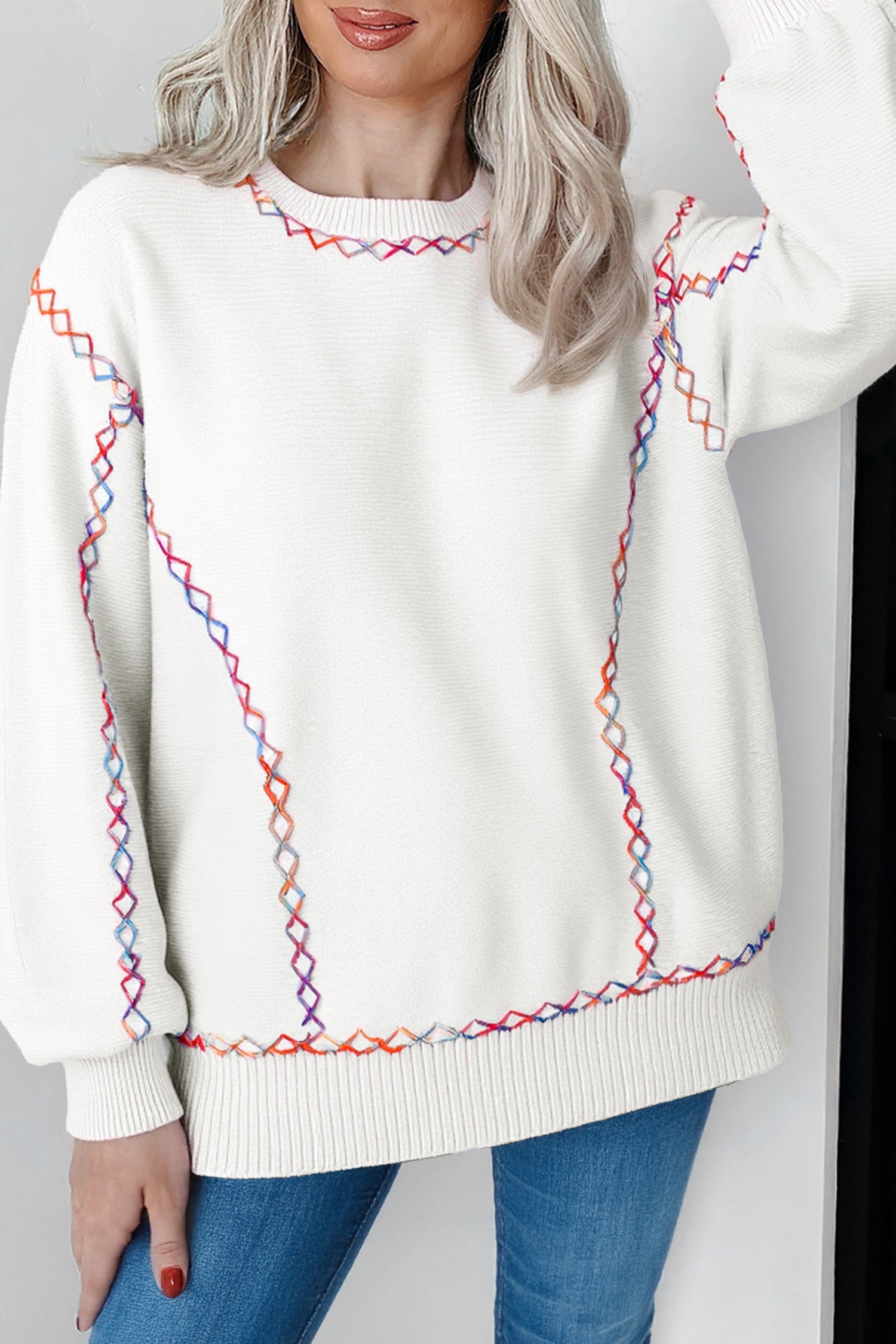 Rainbow Stitching Balloon Sleeve Relaxed Sweater - eAura
