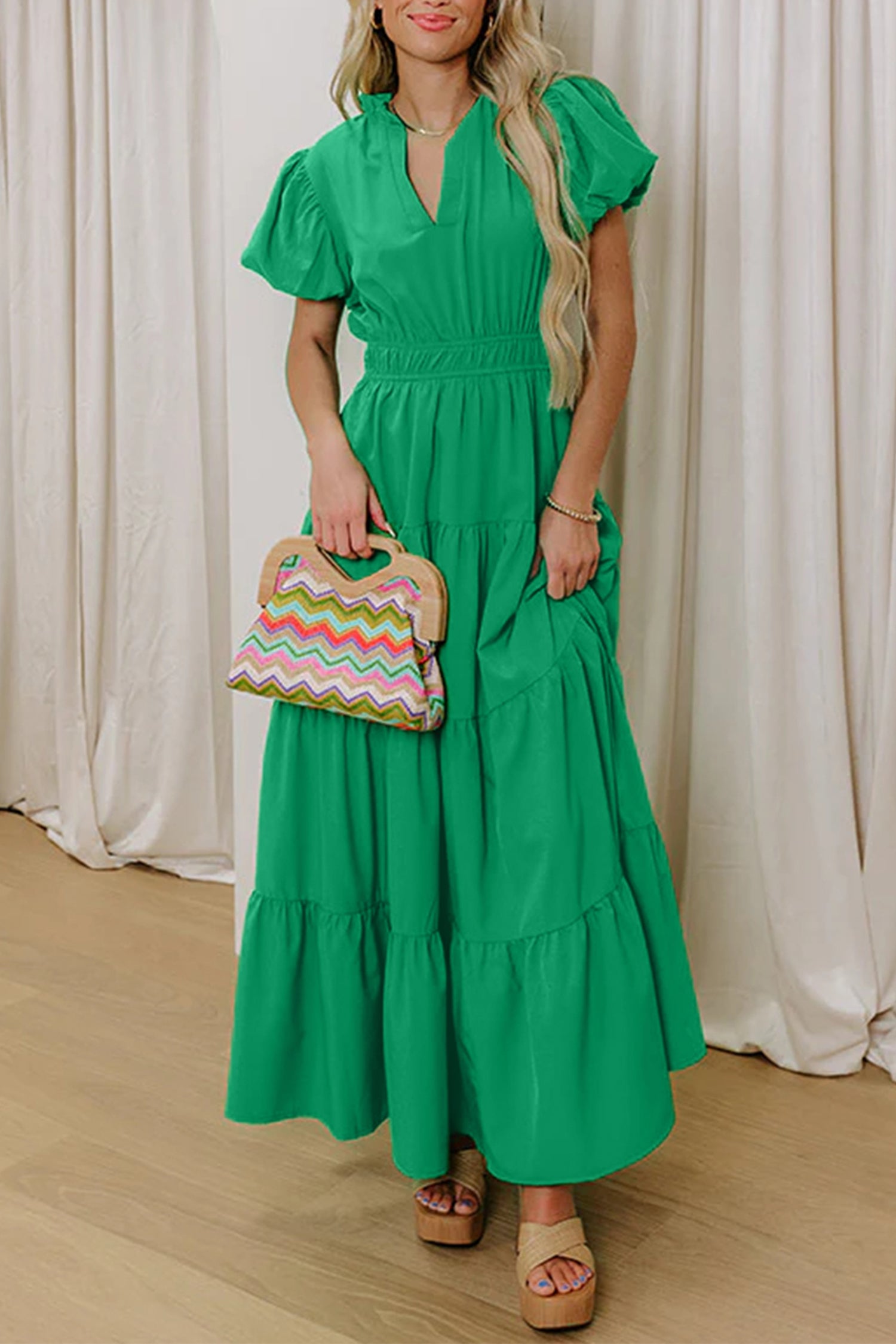V-Neck Short Puff Sleeve Tiered Maxi Dress