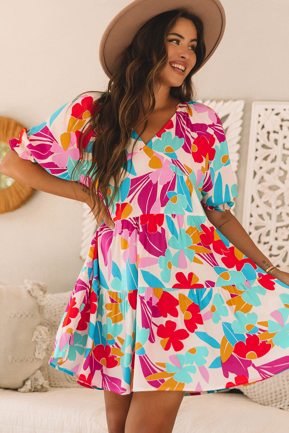 Rose Red Floral Bubble Sleeve V Neck Tiered Ruffle Babydoll Dress eAura