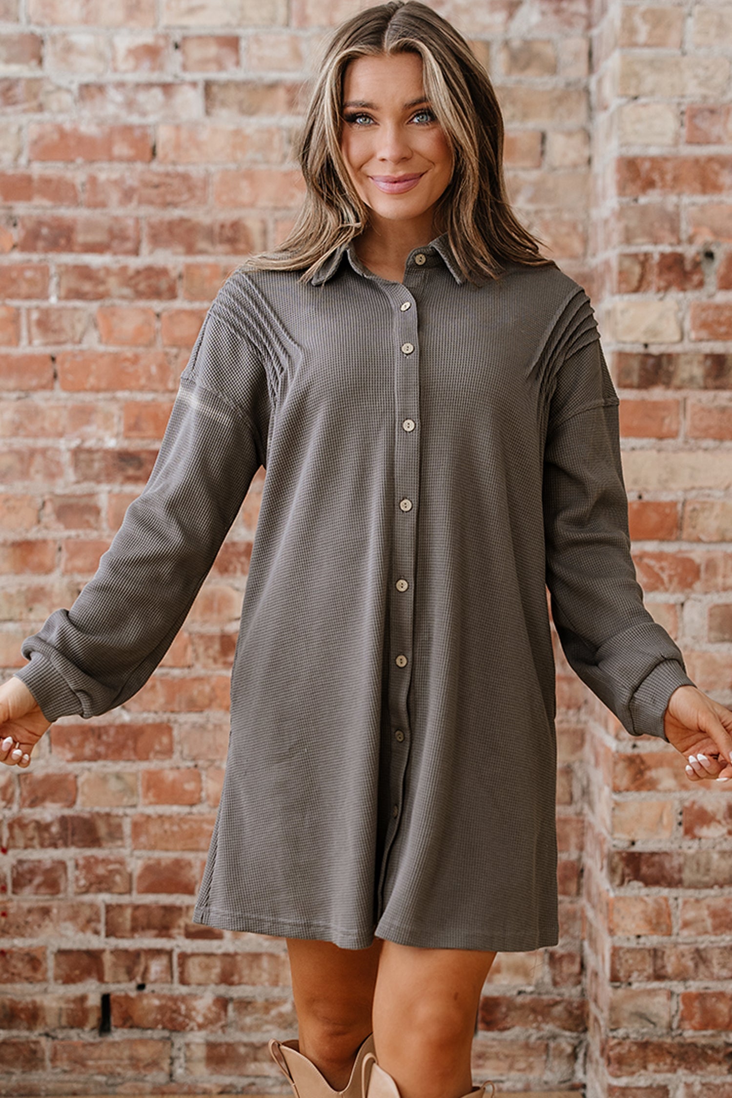 Waffle Knit Shirt Tunic Dress - eAura