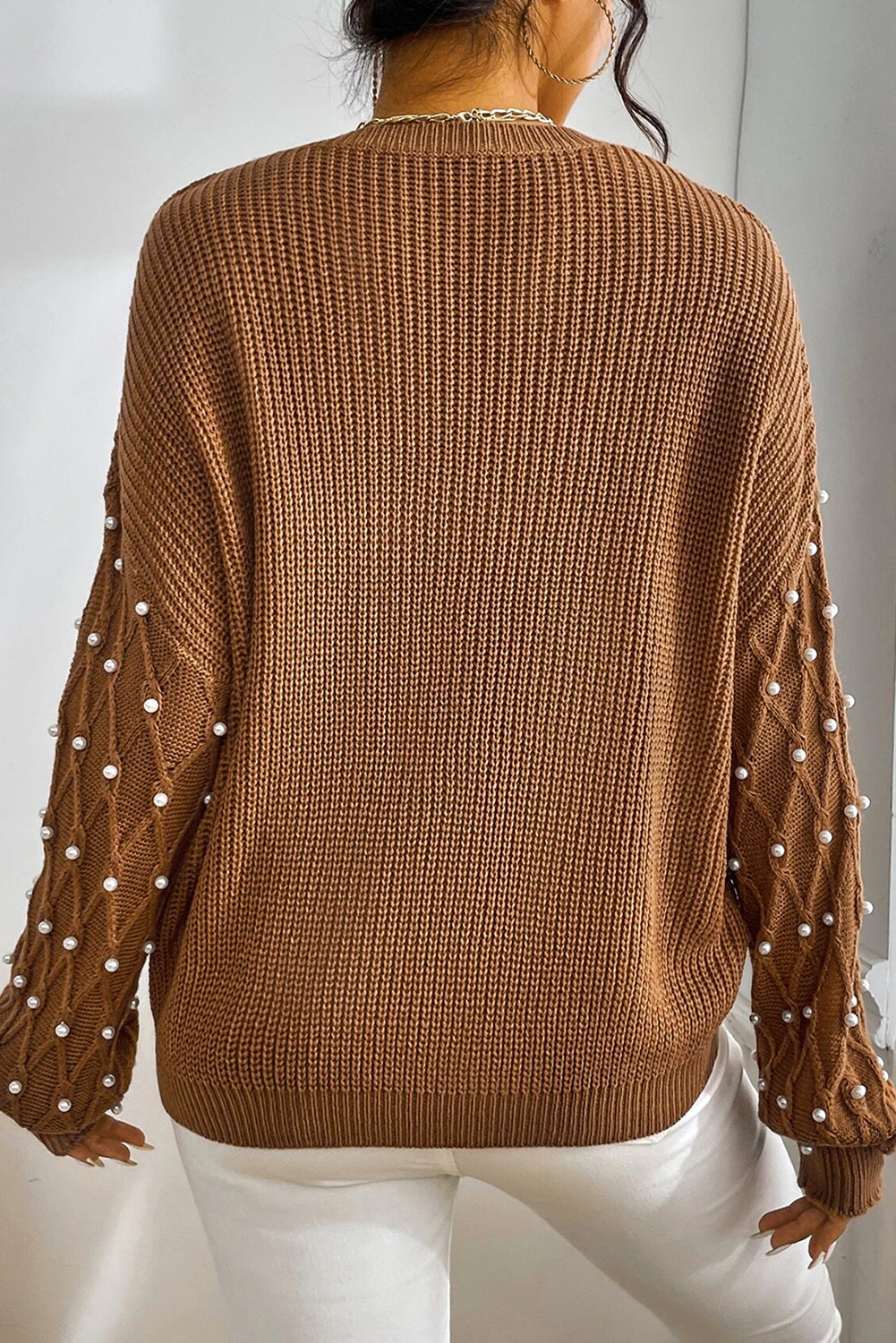 Chestnut Beaded Drop Shoulder Round Neck Sweater eAura