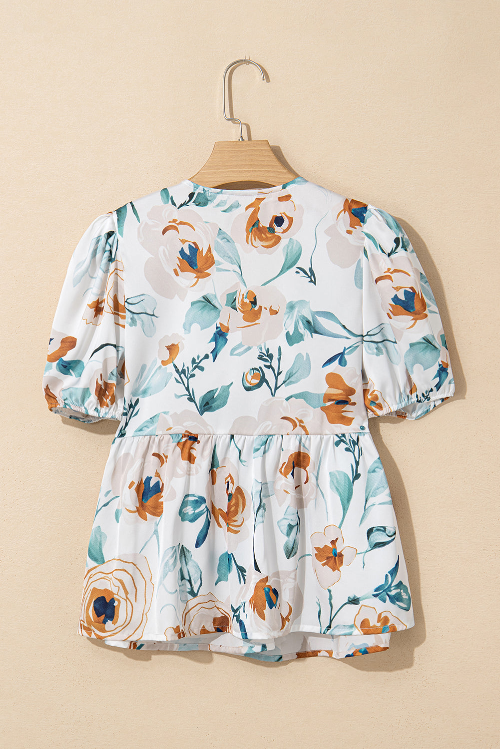Green Floral Print Puff Sleeve V Neck Babydoll Blouse eAura