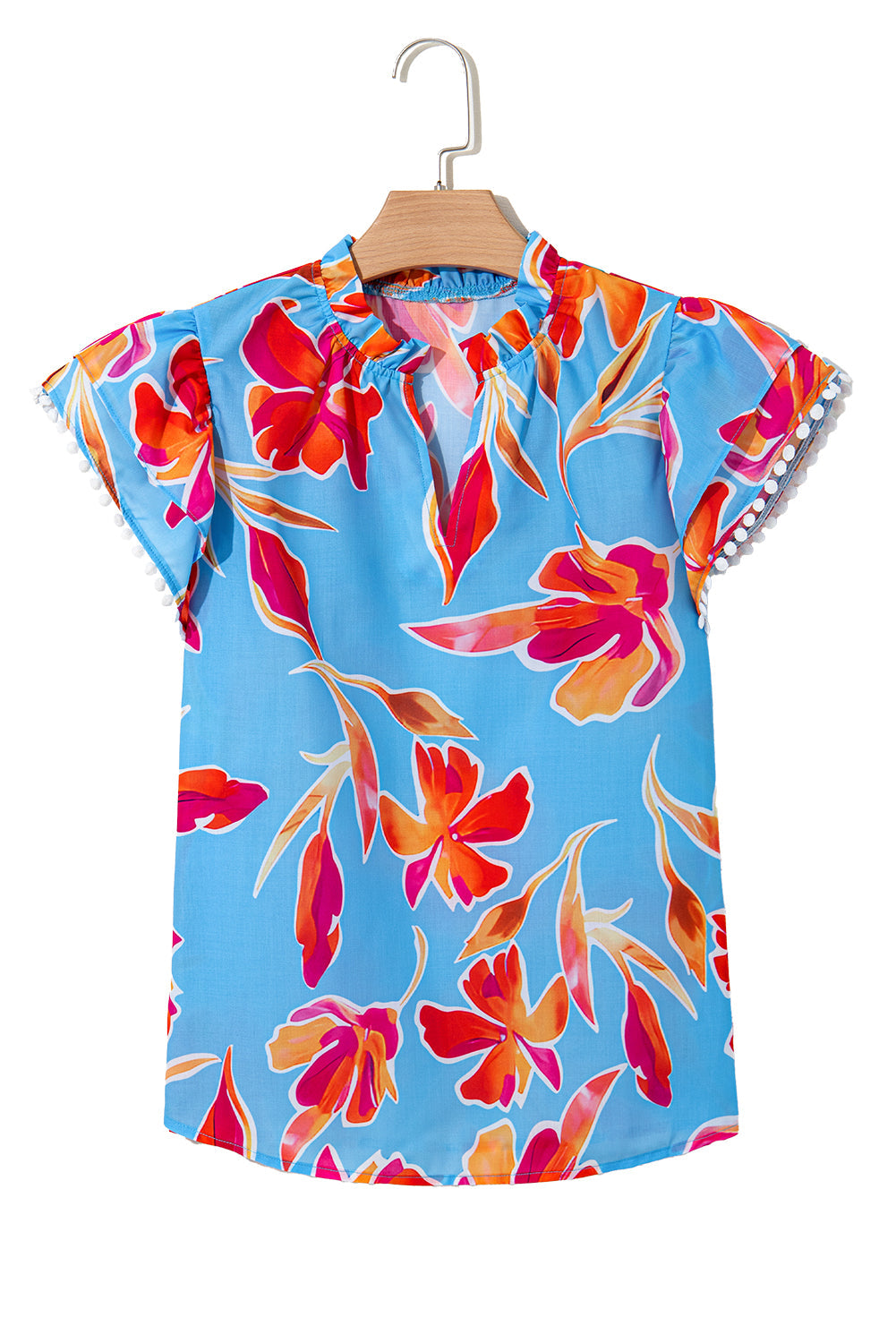 Sky Blue Floral Print V Neck Pompom Trim Flutter Sleeve Blouse eAura