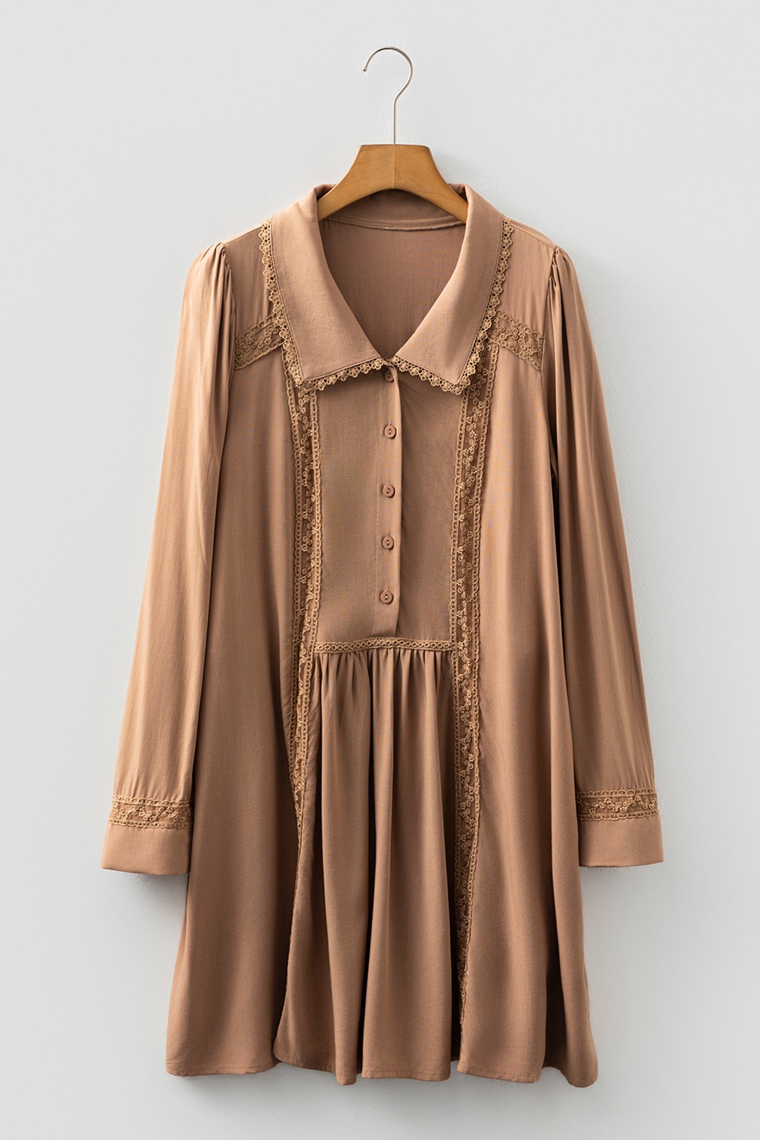 Lace Trim Peter Pan Collar Long Sleeve Mini Shirt Dress - eAura