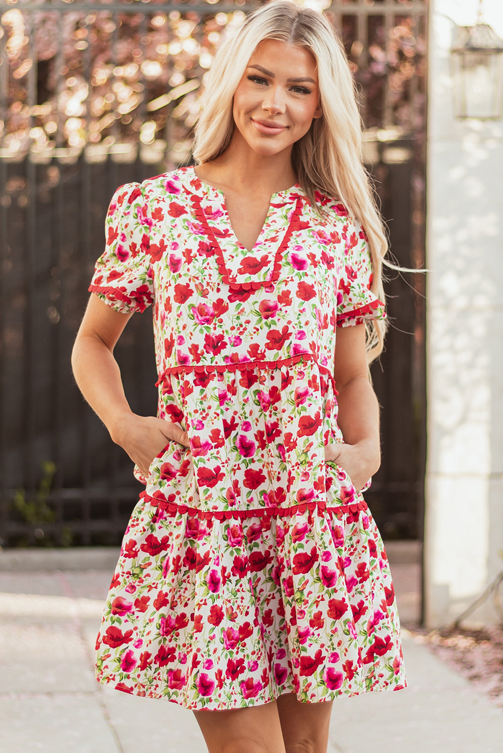 Puff Sleeve Tiered Ric Rac Pocketed Mini Dress eAura