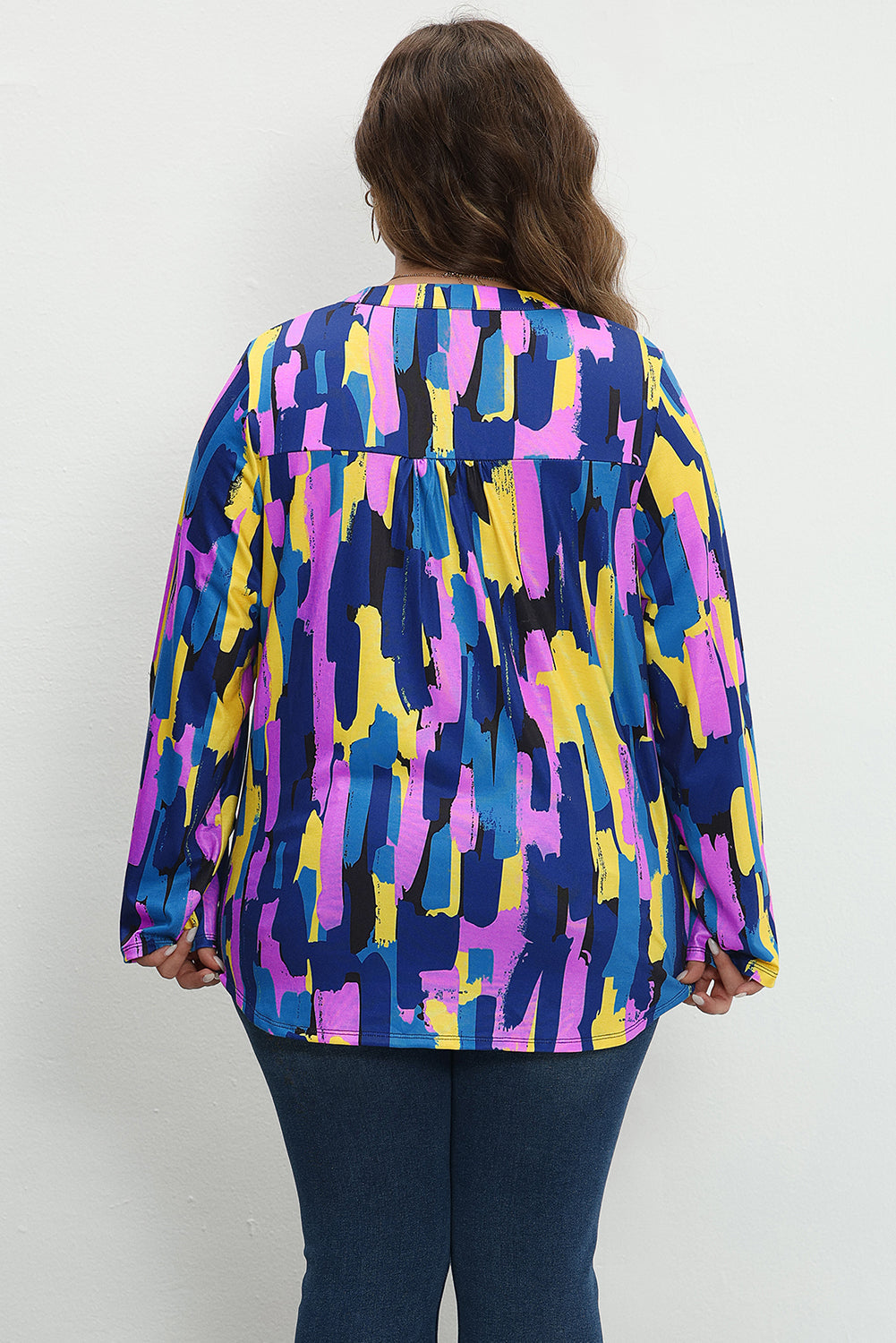 Blue Plus Size Brushstroke Print 3/4 Sleeve Blouse BB Fashion Outlet