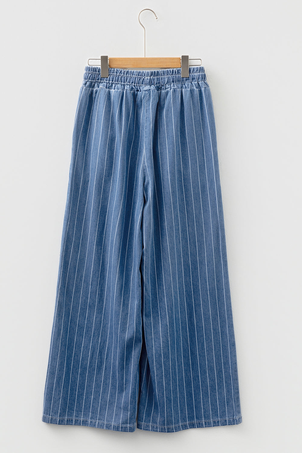 Stripe Chambray Wide Leg Tied Elastic Waist Trousers - eAura