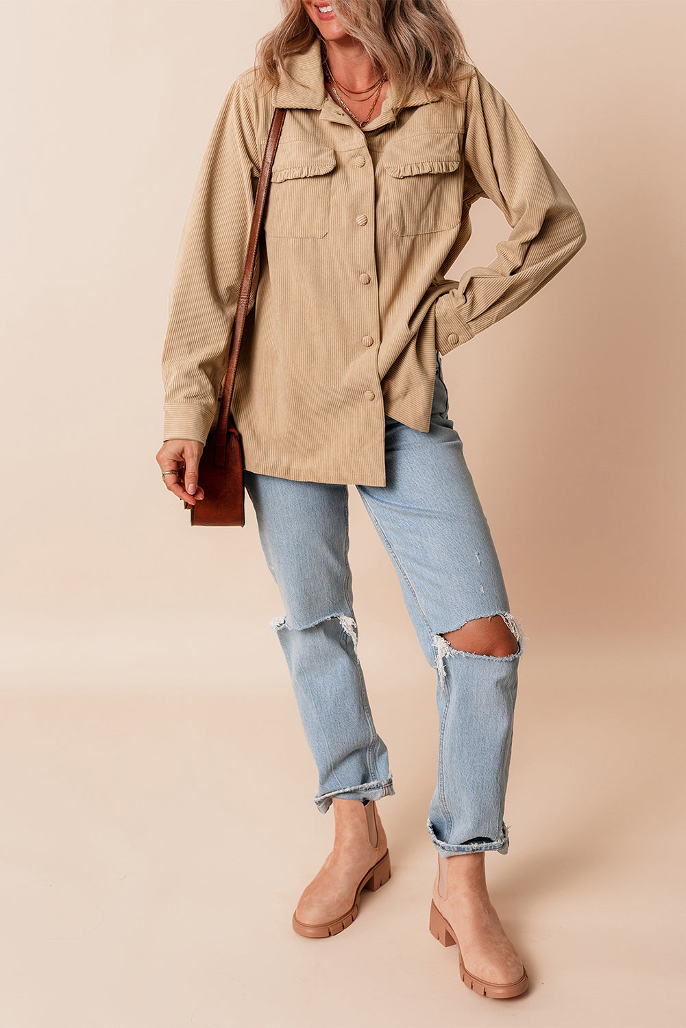 Light French Beige Solid Frilled Flap Pocket Button Up Corduroy Shacket Beagle Boutique Fashion Outlet