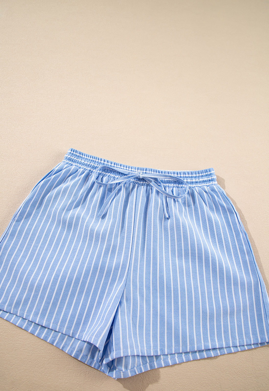 Sky Blue Striped Bowknot Detail Puffy Sleeve Top and Shorts 2Pcs Set eAura