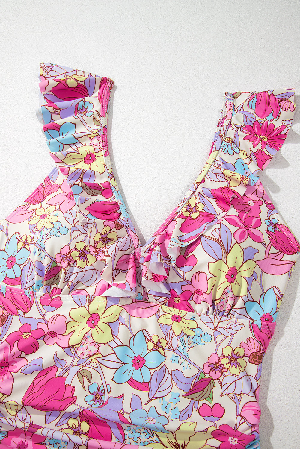 Pink Floral Ruffle Trim V Neck Lace-up Back Tummy Control One Piece Swimsuit eAura