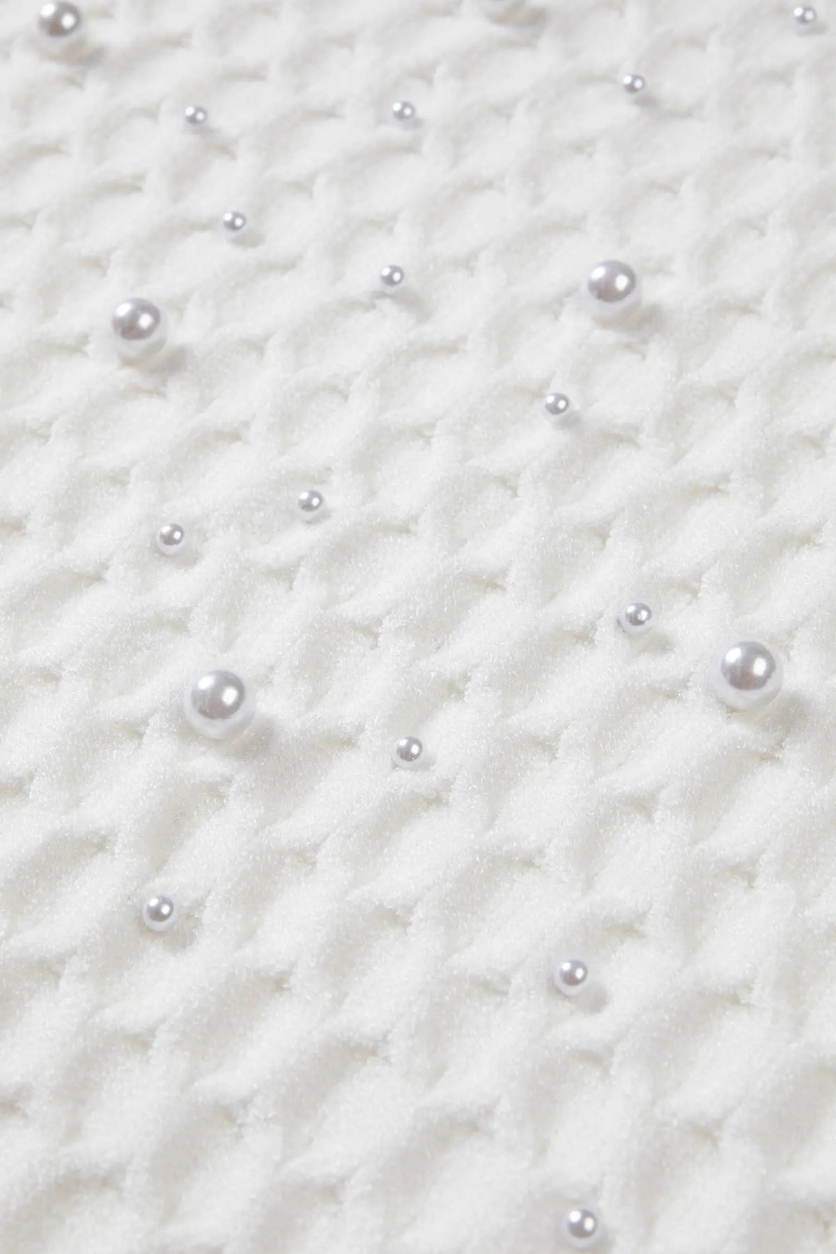 Solid Textured Knit Pearl Embellished Pullover Sweater – White