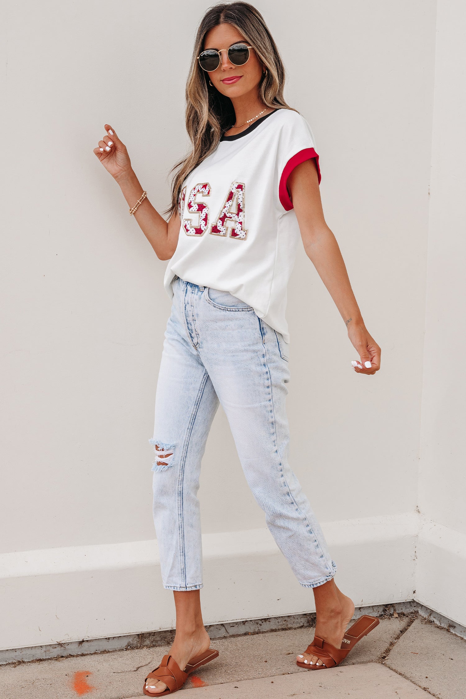 USA Sequin Colour Block Loose T-Shirt