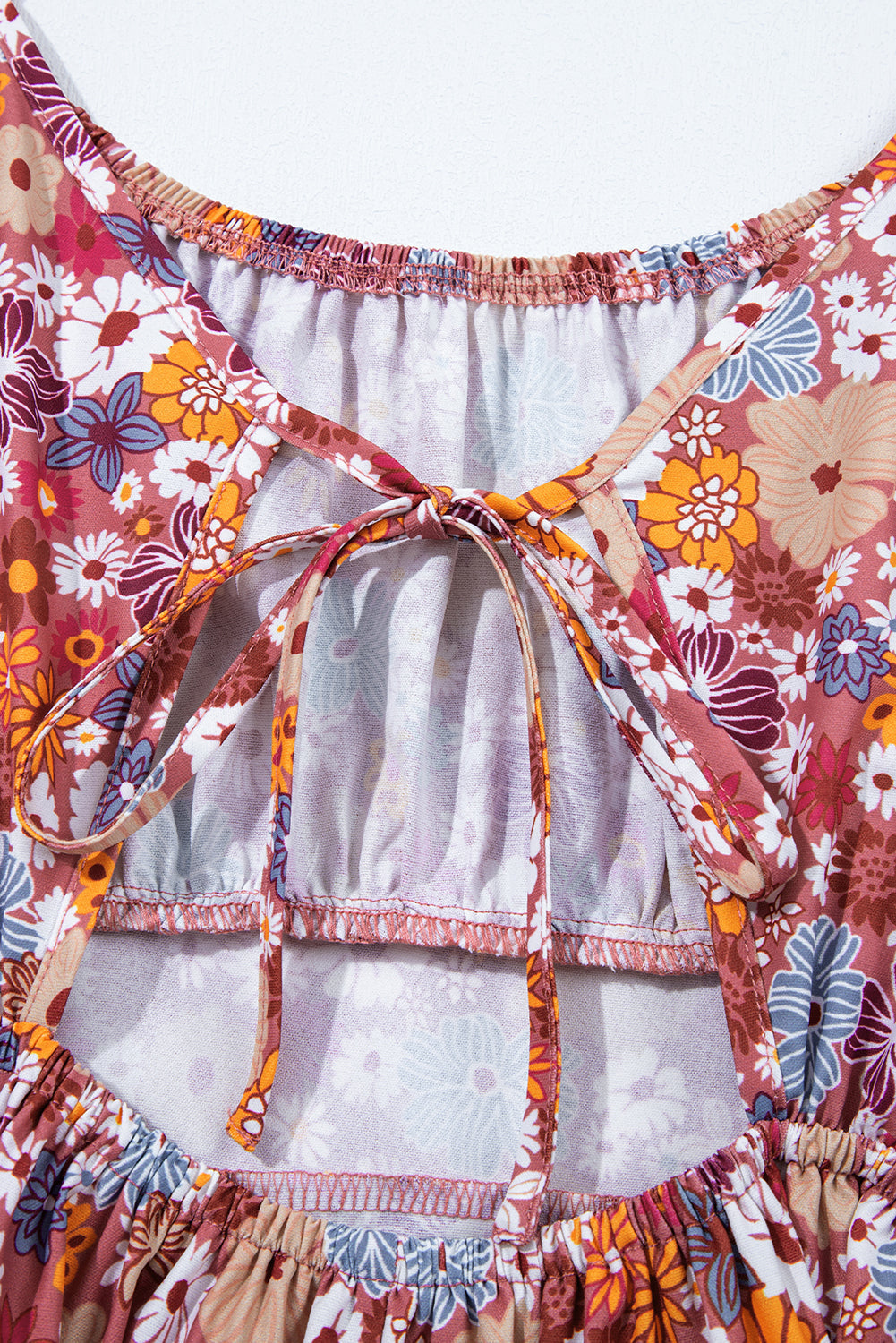 Red Floral Puff Sleeve Square Neck Knot Open Back Mini Dress eAura