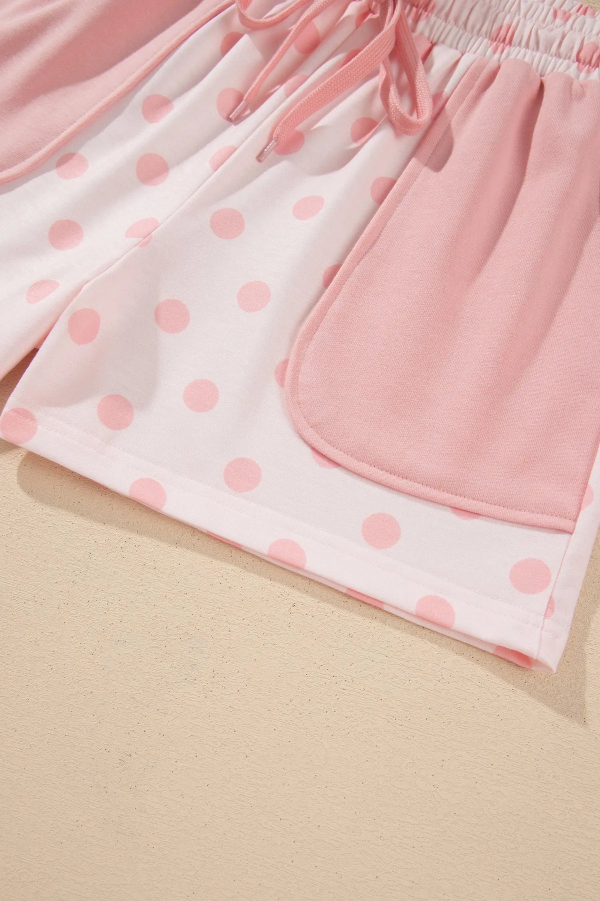 Polka Dot Drop Shoulder Polo Loose Pullover Patch Pocket Casual Shorts Set – Pink