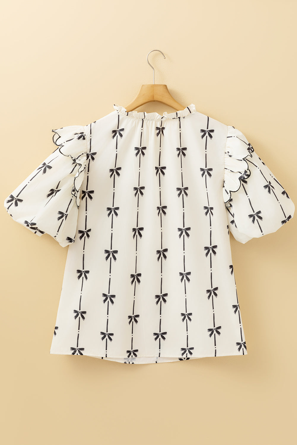 Apricot Bow Printed Ruffled Bubble Sleeve Lace-up Notched Neck Plus Size Blouse - eAura