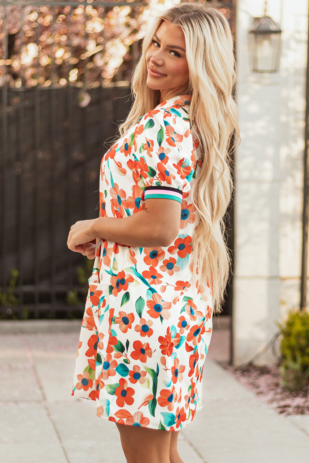Contrast Trim Floral Split Neck Puff Short Sleeve Tiered Mini Dress eAura