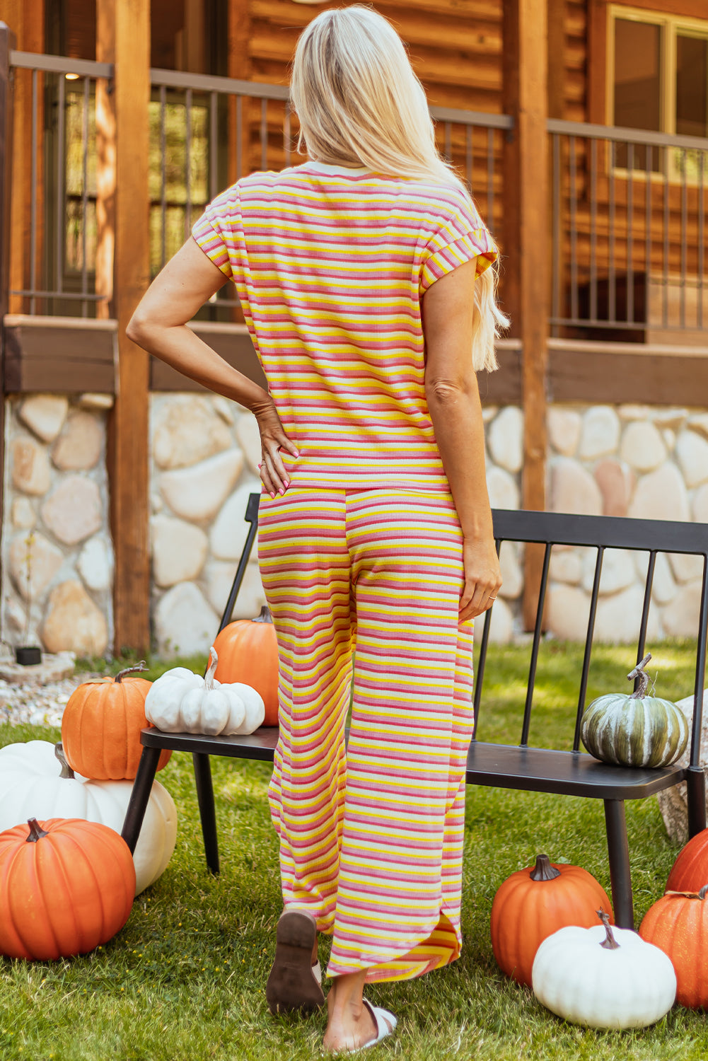 Yellow Stripe Rainbow Tee Tasseled String Wide Leg Pants Set BB Fashion Outlet