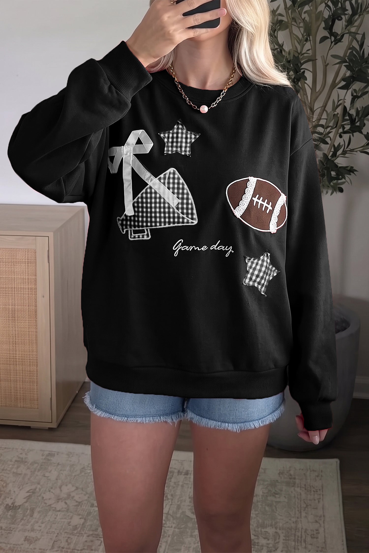 Gingham Patch Embroidered Rugby Game Day Stars Sweatshirt – Racing Red