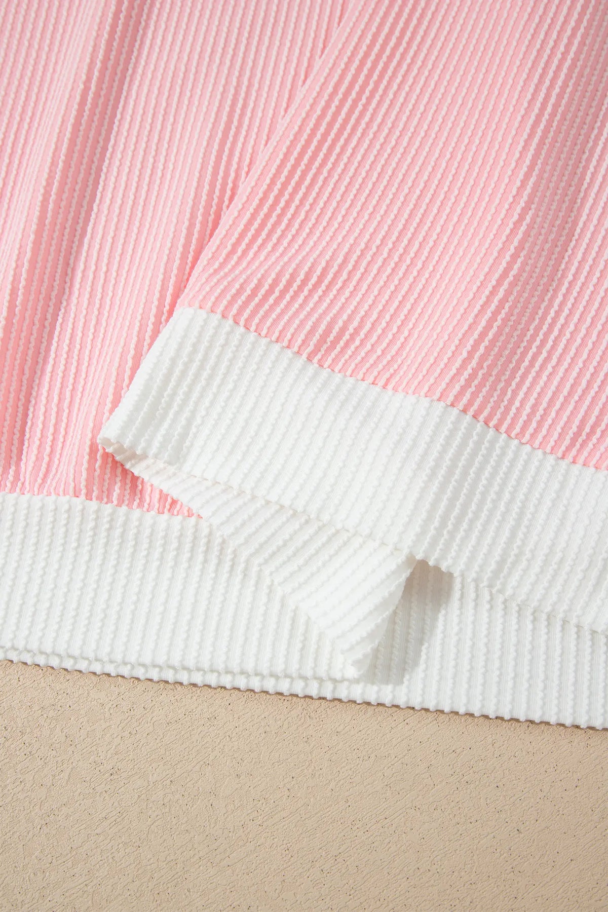 Ribbed Knit Colourblock Long Sleeve Round Neck Plus Size Blouse – Pink