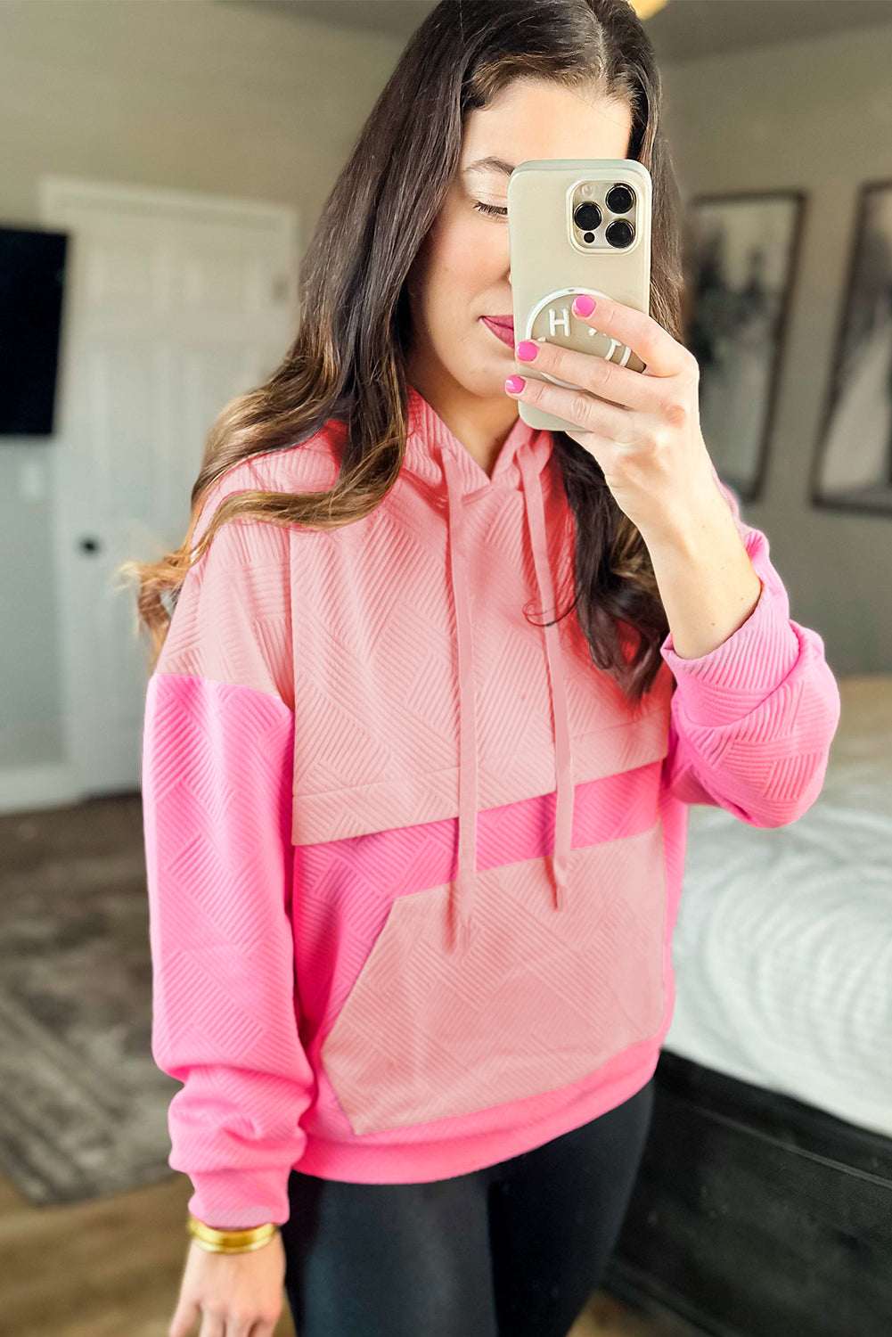 Pink Textured Colour Block Kangaroo Pocket Drop Shoulder Hoodie eAura