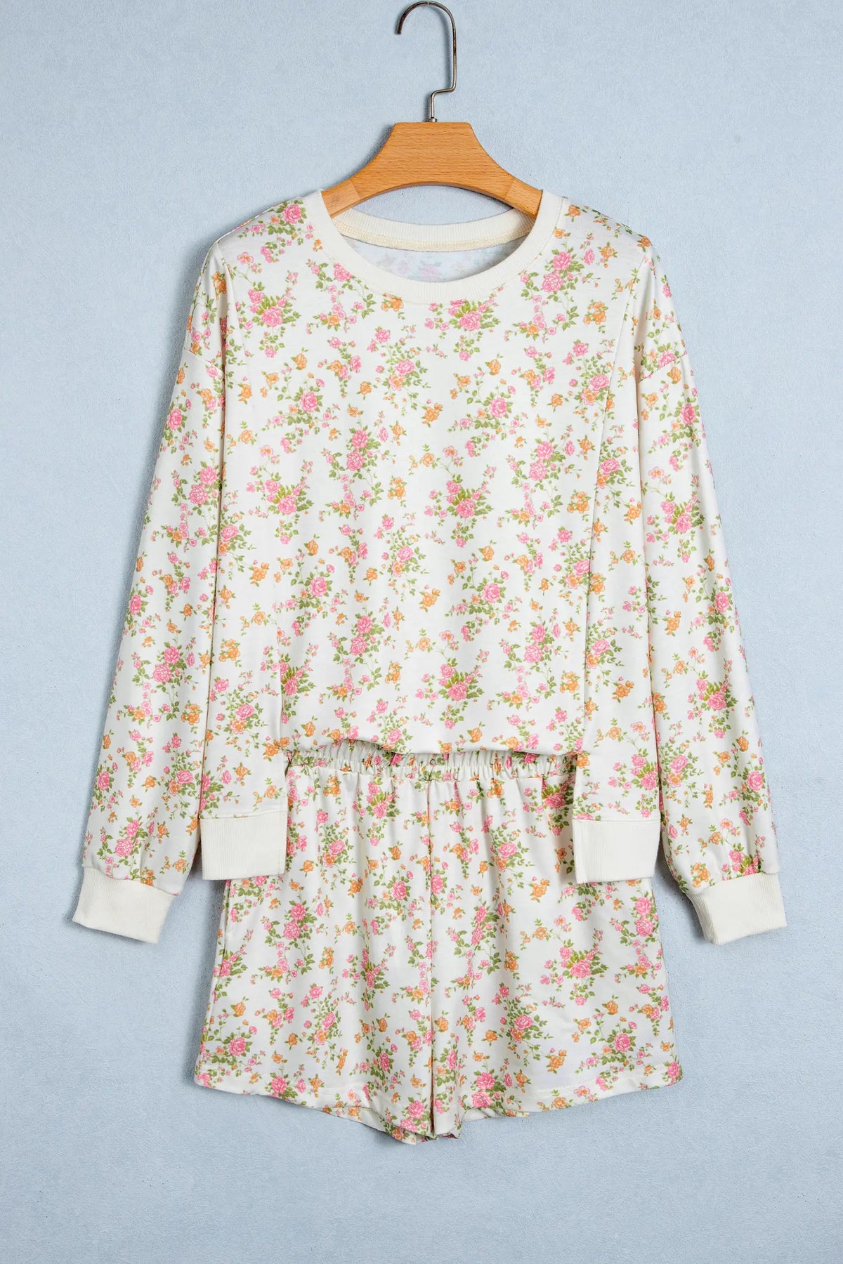 Floral Print Long Sleeve Shift Top Pocketed Shorts 2pcs Set – Beige