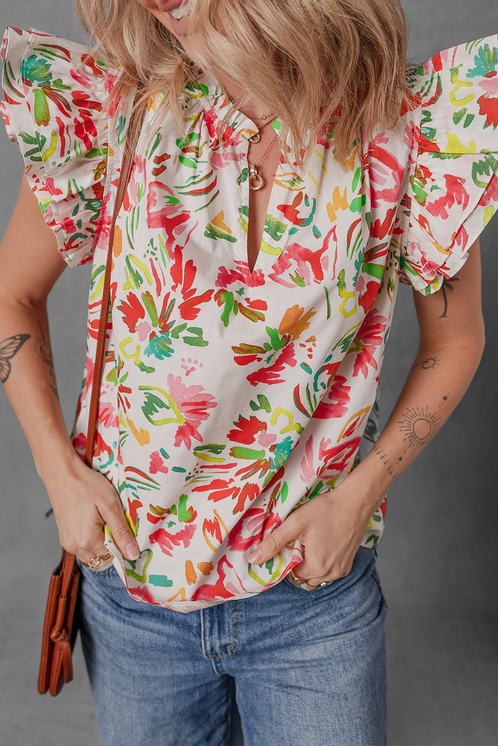 Multicolour Allover Floral Print Flutter Sleeve Split Neck Blouse eAura