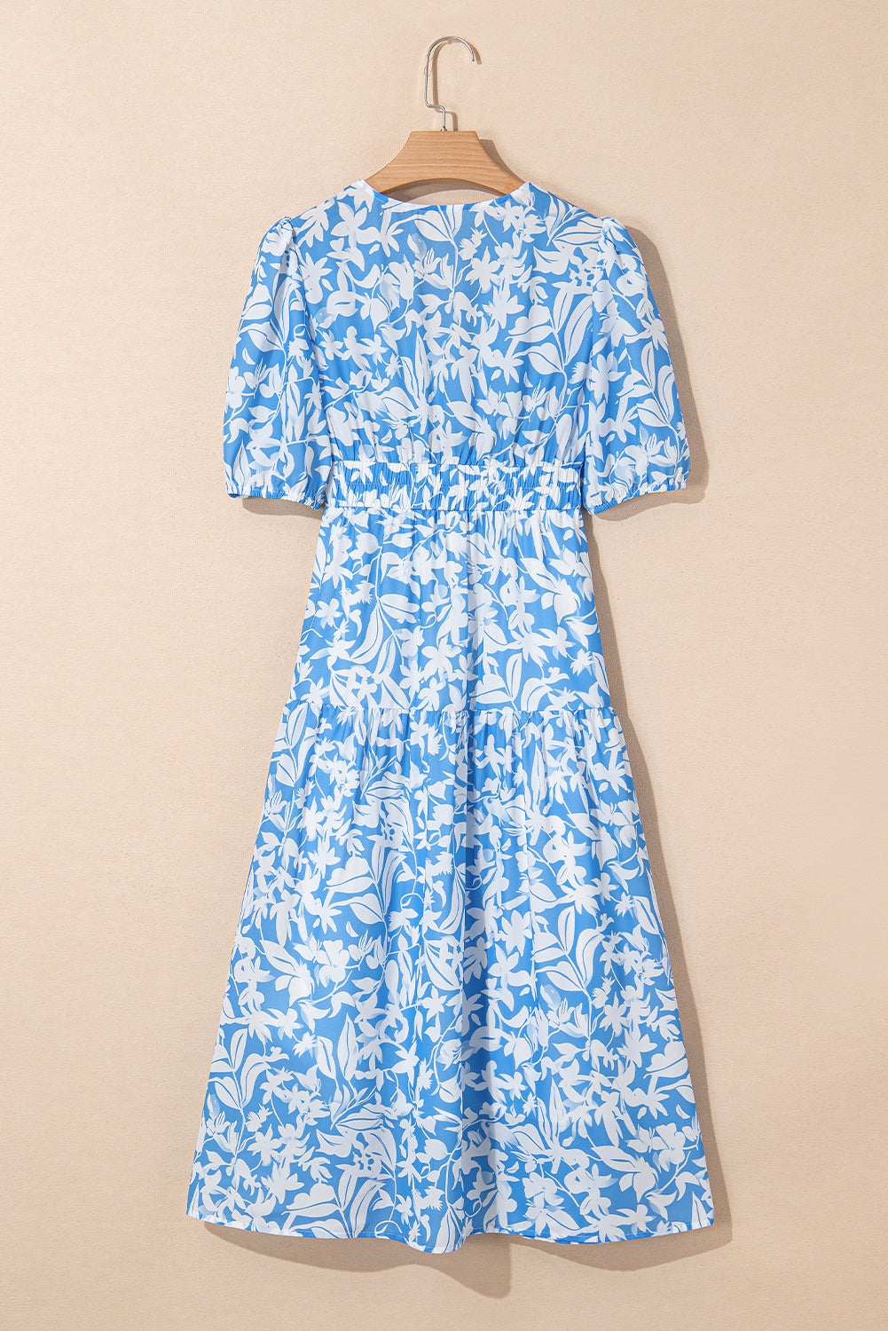Sky Blue Floral V Neck Puff Short Sleeve Flowy Long Dress eAura