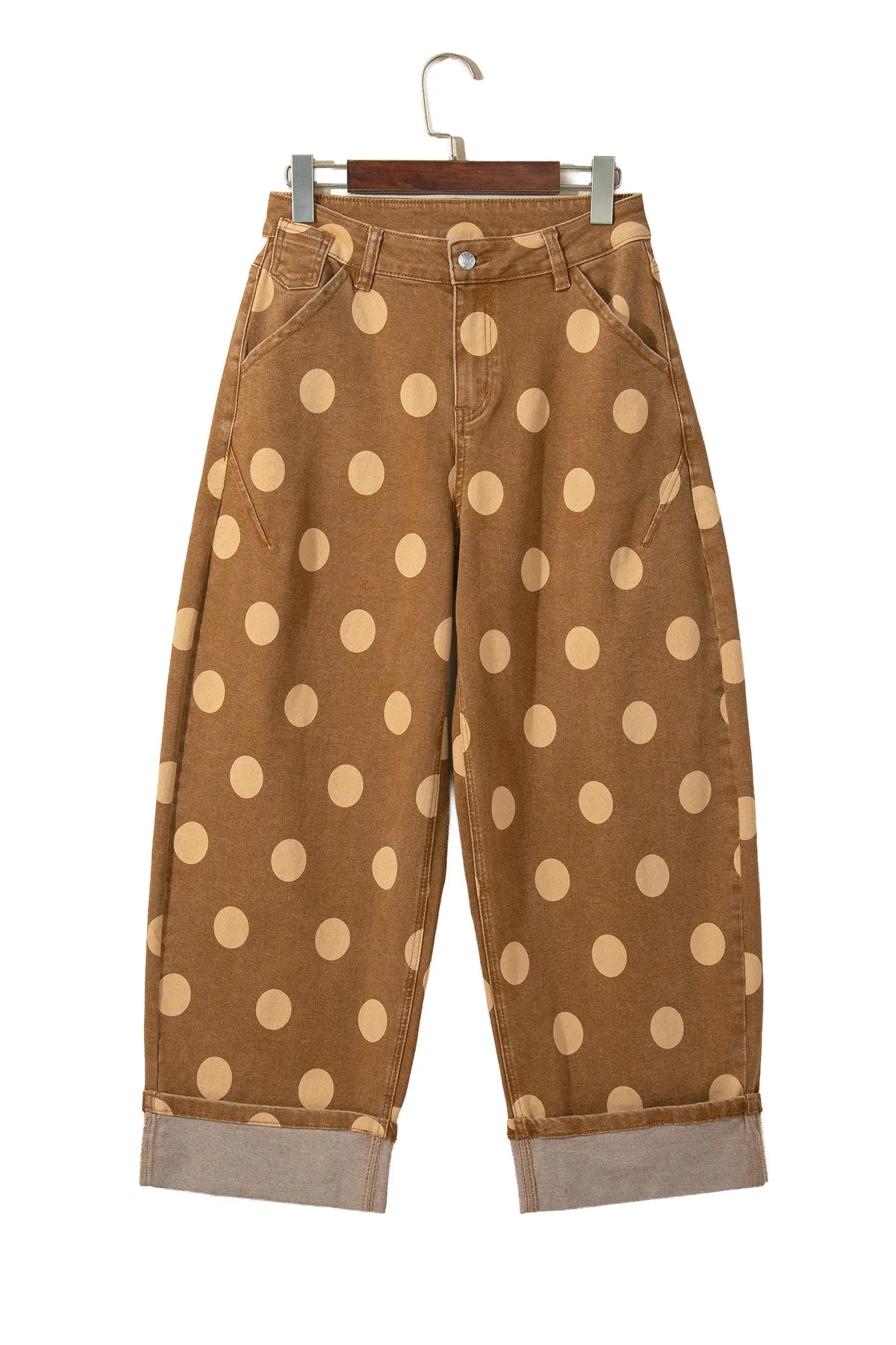 Polka Dot Ankle-Length Metal Button Casual Jeans – Brown