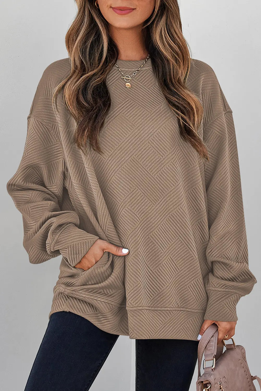 Jungle Solid Colour Textured Round Neck Drop Shoulder Pullover Sweatshirt – Green