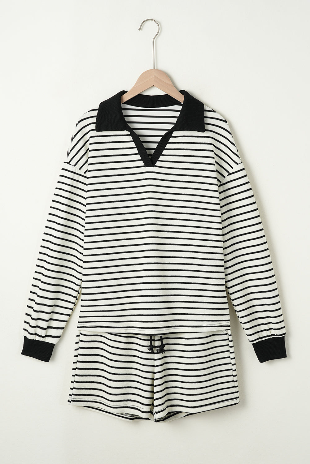 Black Stripe Collared Long Sleeve Top and Drawstring Shorts Set eAura