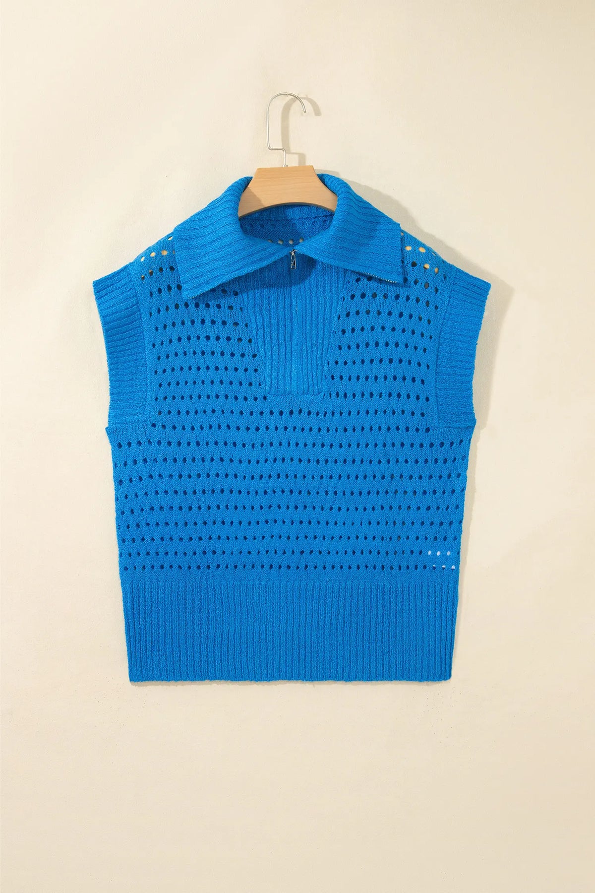Sky Blue Solid Colour Hollowed Knit Short Sleeve Zipper Collar Knitwear Top – Light Blue