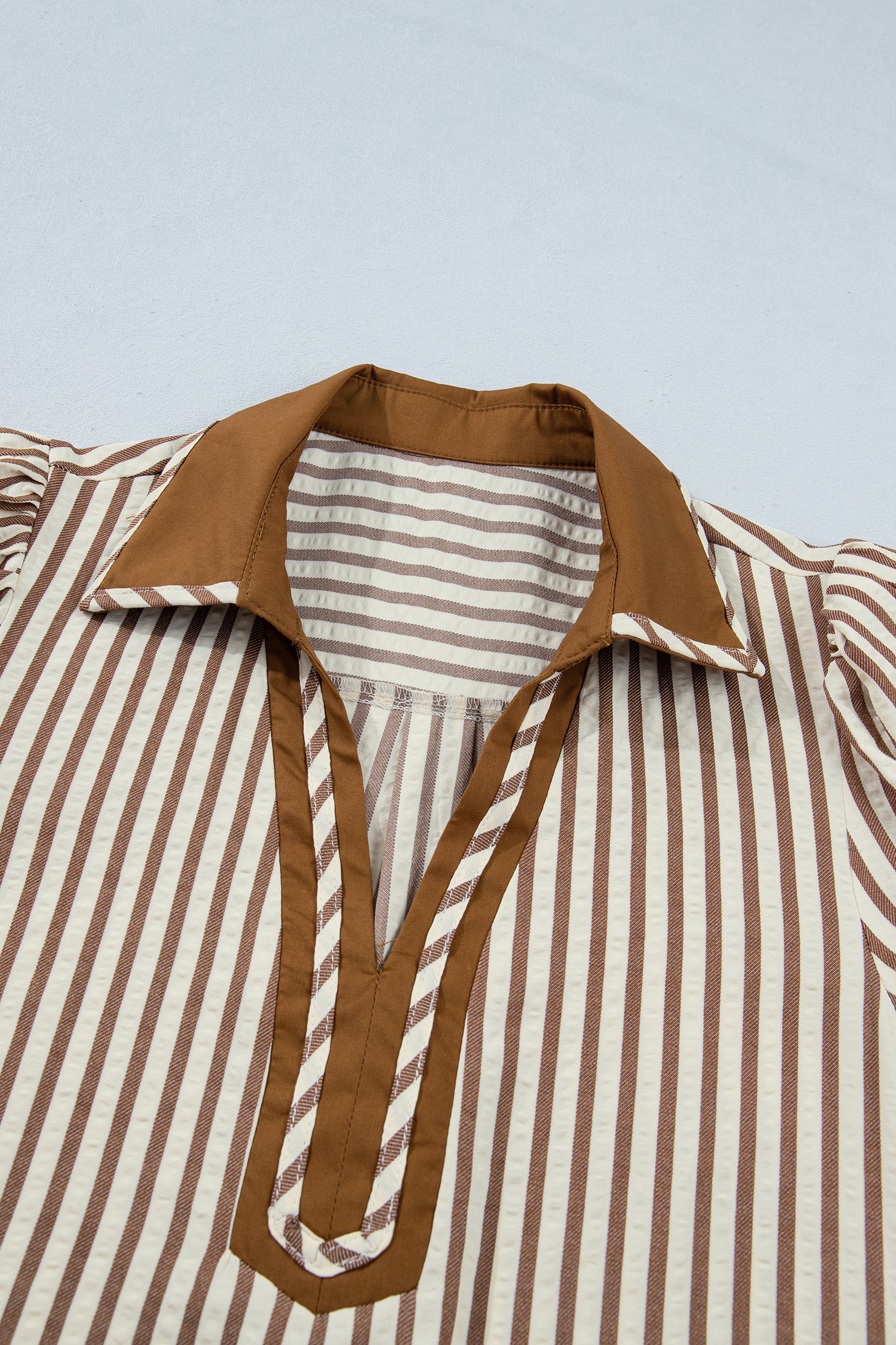Shirt Collar Color Block Patchwork Trim Ruffle Hem Short Dress – Brown Stripe