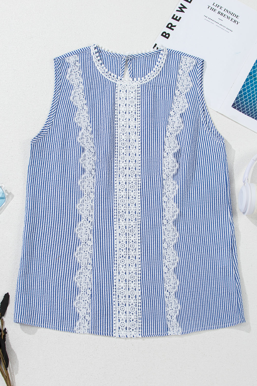 Sky Blue Stripe Lace Patchwork Crew Neck Tank Top eAura