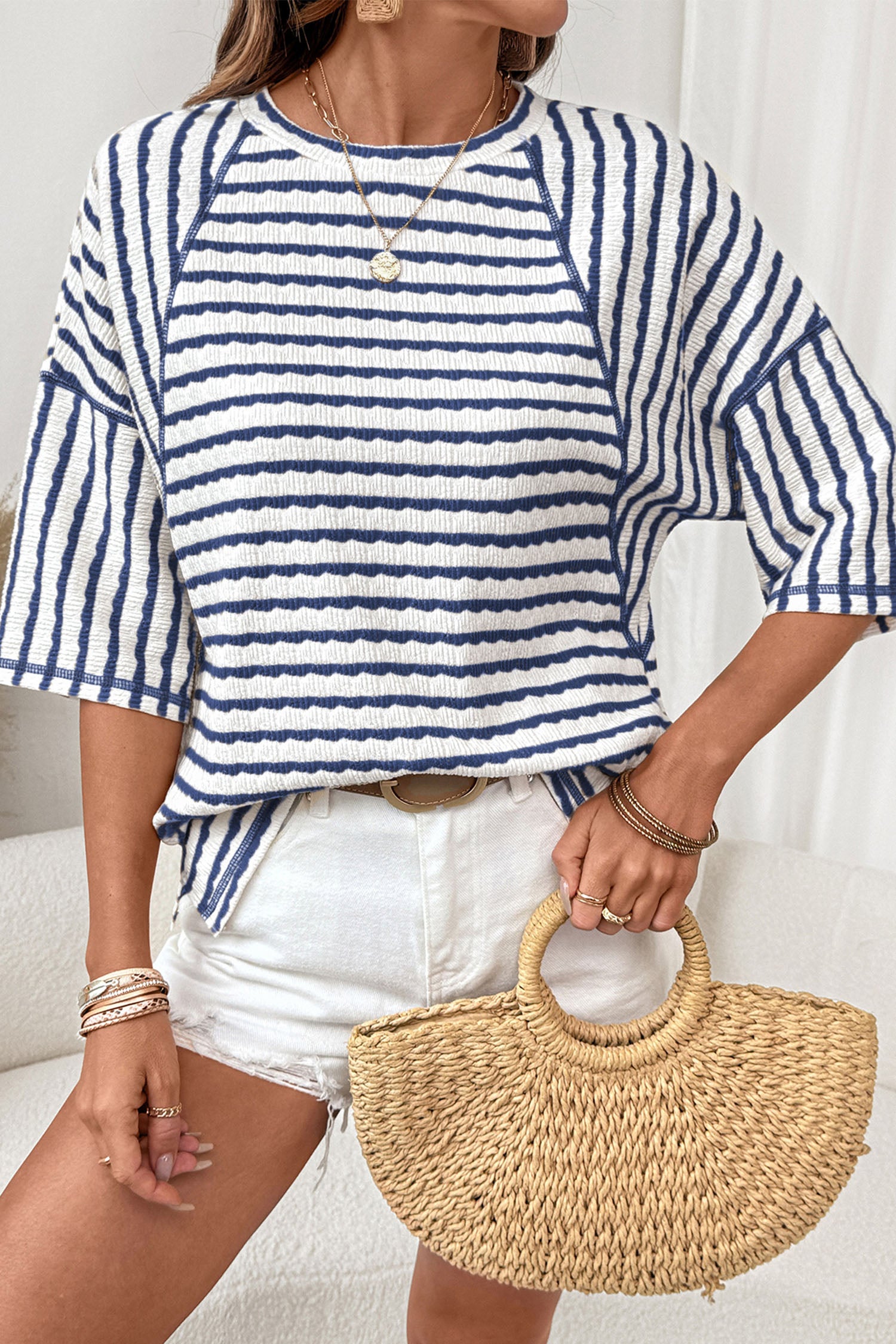 Striped Textured Knit Split Hem Half Sleeve Loose Top
