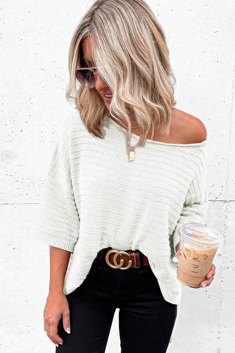 Textured Knit Drop Shoulder Short Sleeve Top eAura