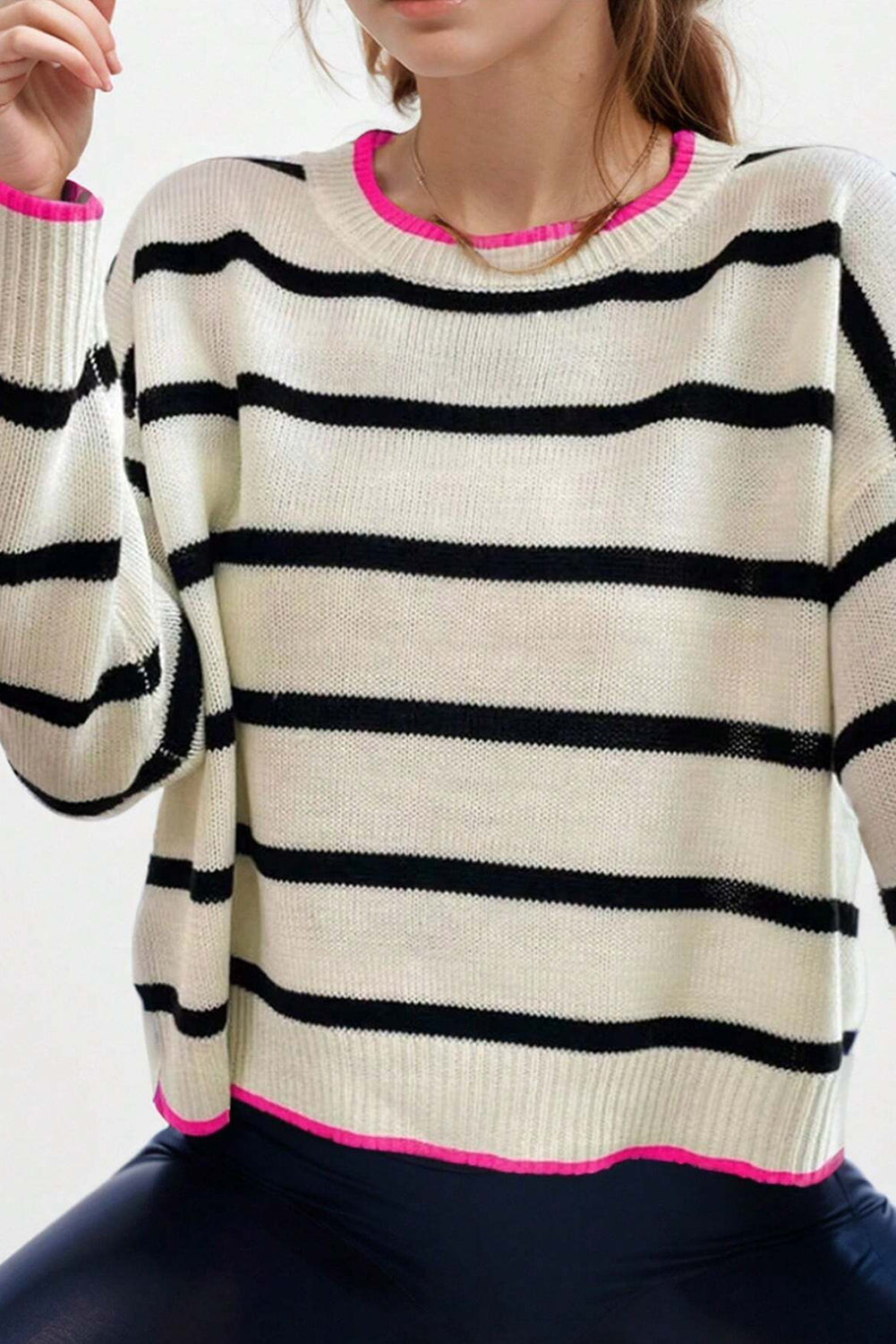 Stripe Contrast Trim Drop Shoulder Sweater - eAura